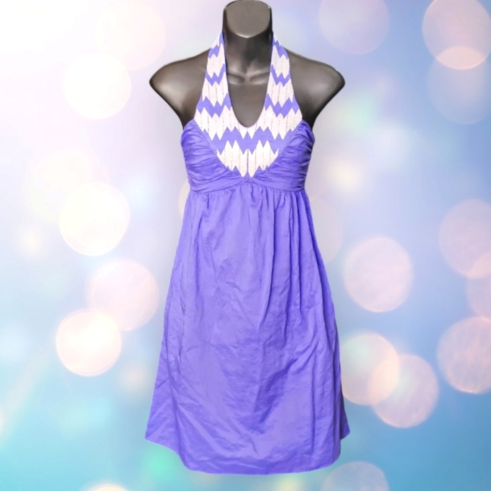 GIANNI BINI Purple Embroidered Ruched Babydoll Halter Top Mini Dress